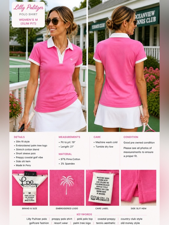 Lilly Pulitzer Tops - Lilly Pulitzer women sz medium slim Polo Shirt  Country Club Pink Palm Tree Top